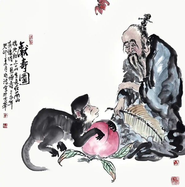 商圣范蠡研究院高级艺术专家顾问—刘兆鸿先生作品：猴子献桃祝寿